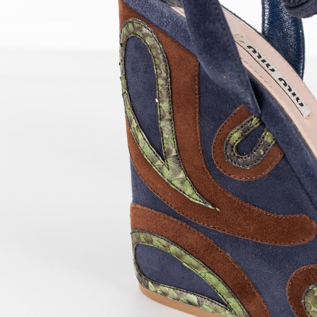 Miu Miu Blue Wedge Sandal With Green Paisley On Heel
