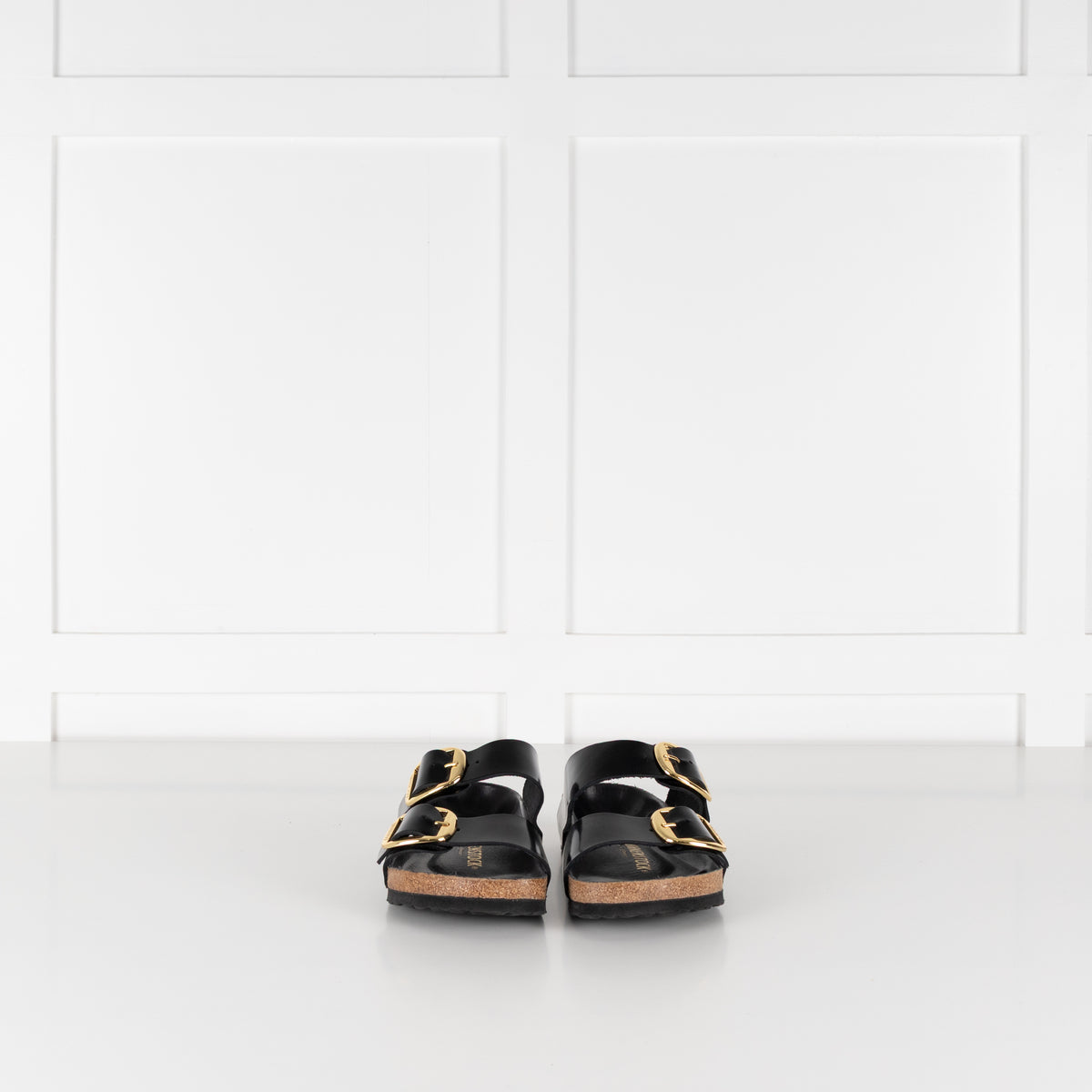 Birkenstock Black Gloss Arizona Sandals with Gold Buckles