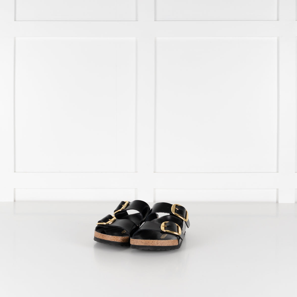 Birkenstock Black Gloss Arizona Sandals with Gold Buckles