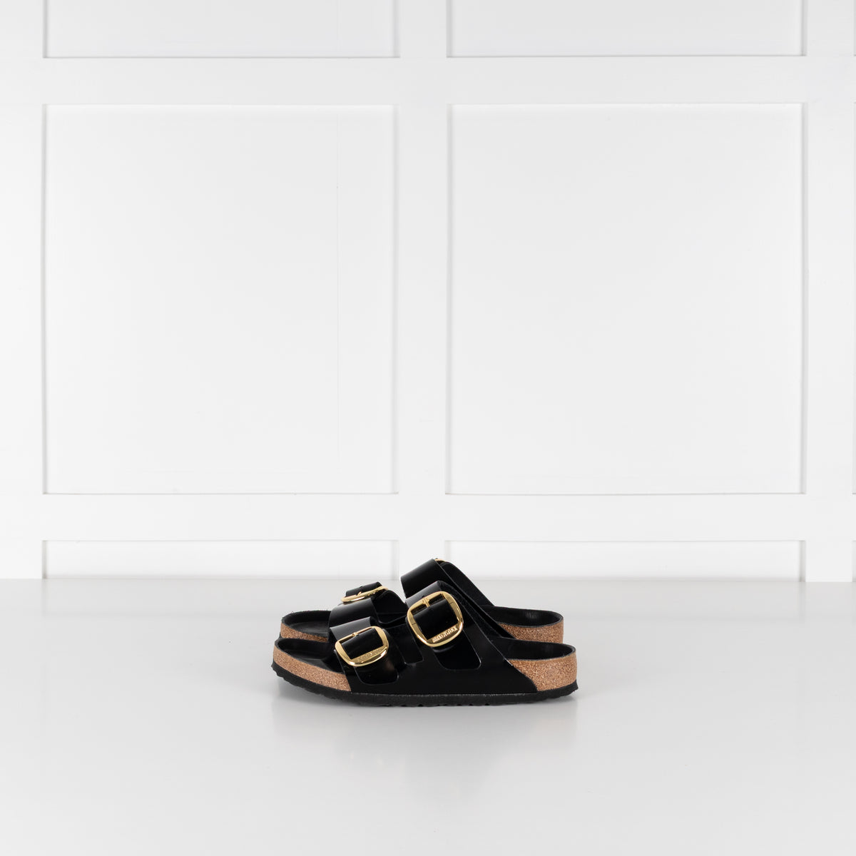 Birkenstock Black Gloss Arizona Sandals with Gold Buckles