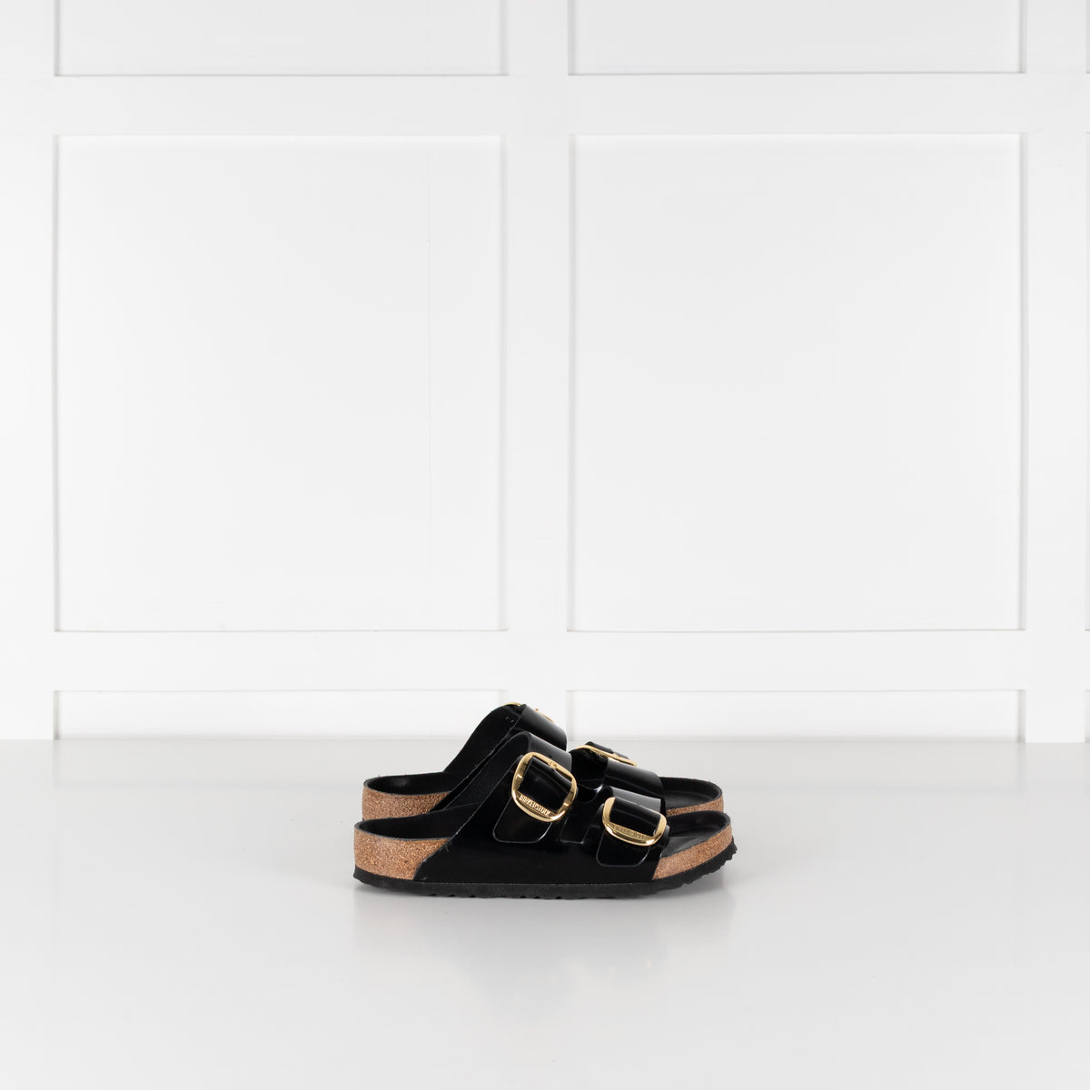 Birkenstock Black Gloss Arizona Sandals with Gold Buckles