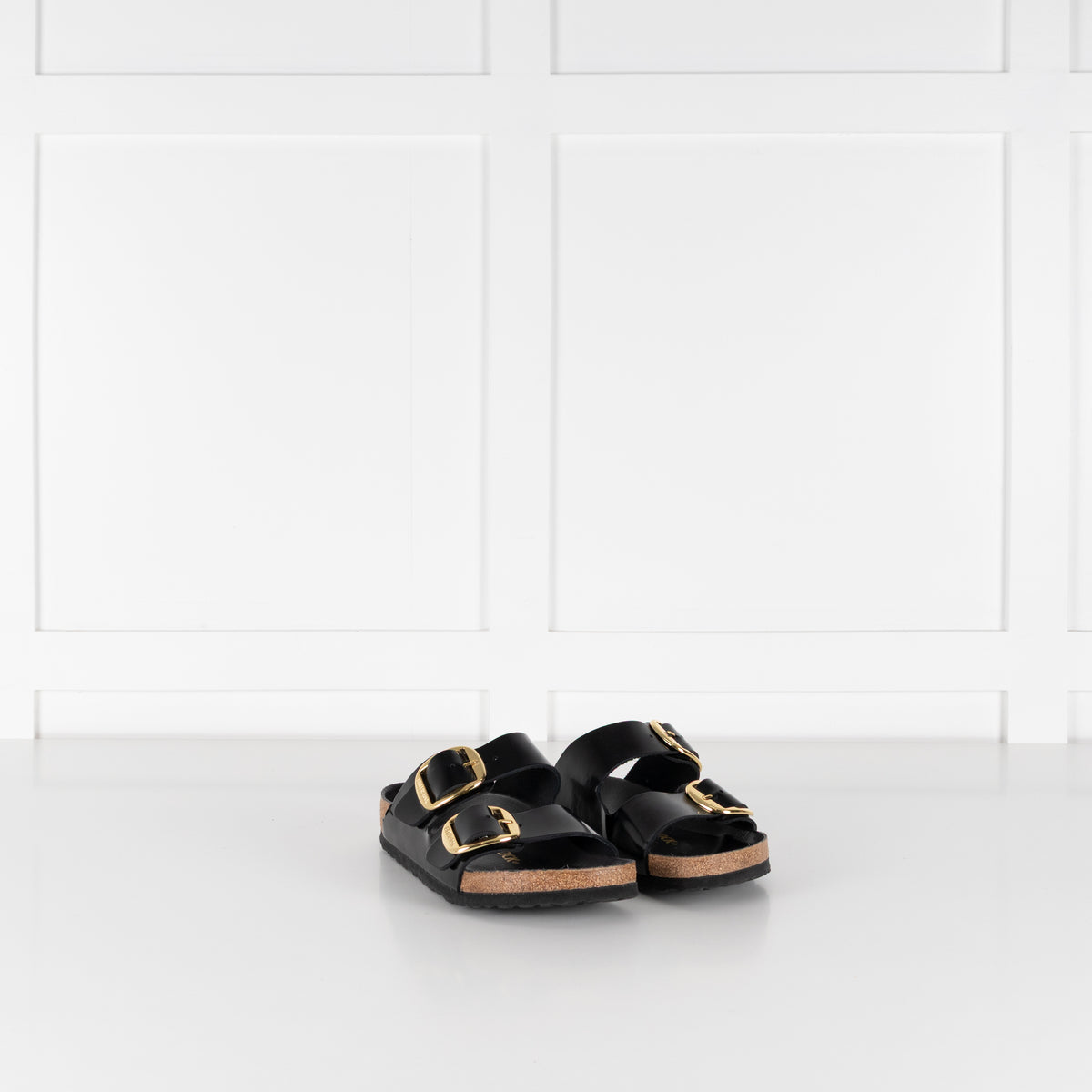 Birkenstock Black Gloss Arizona Sandals with Gold Buckles