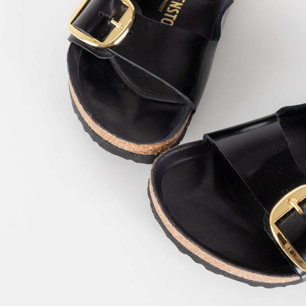 Birkenstock Black Gloss Arizona Sandals with Gold Buckles