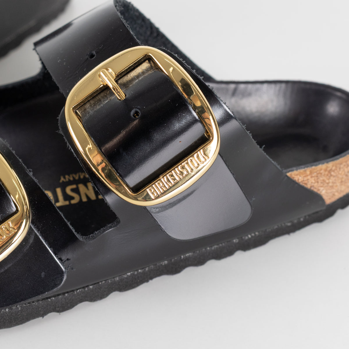 Birkenstock Black Gloss Arizona Sandals with Gold Buckles