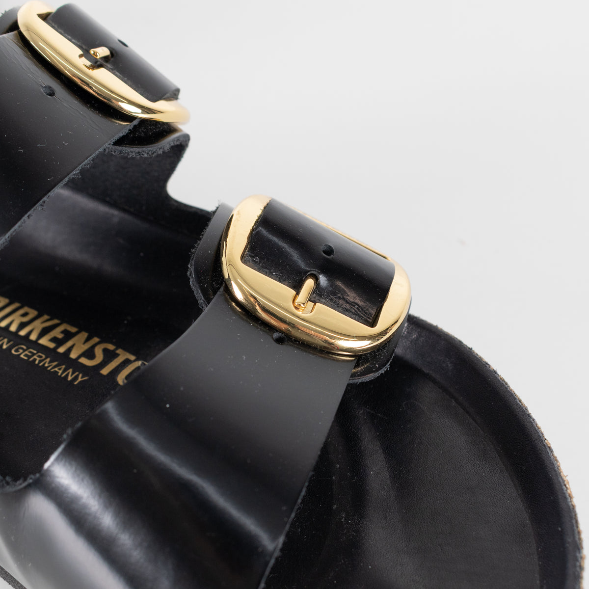 Birkenstock Black Gloss Arizona Sandals with Gold Buckles