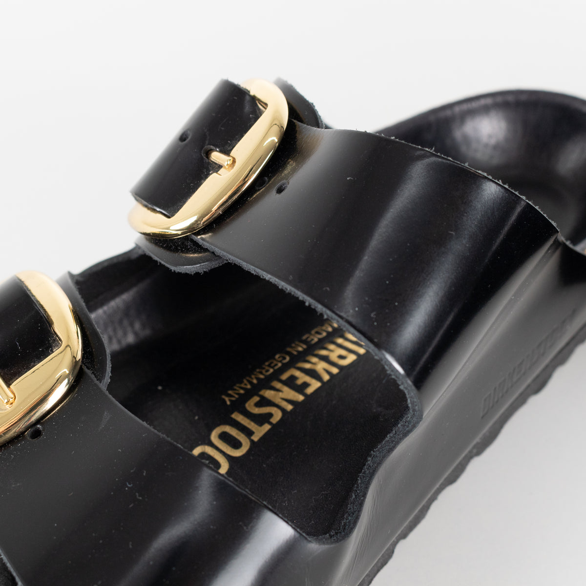 Birkenstock Black Gloss Arizona Sandals with Gold Buckles