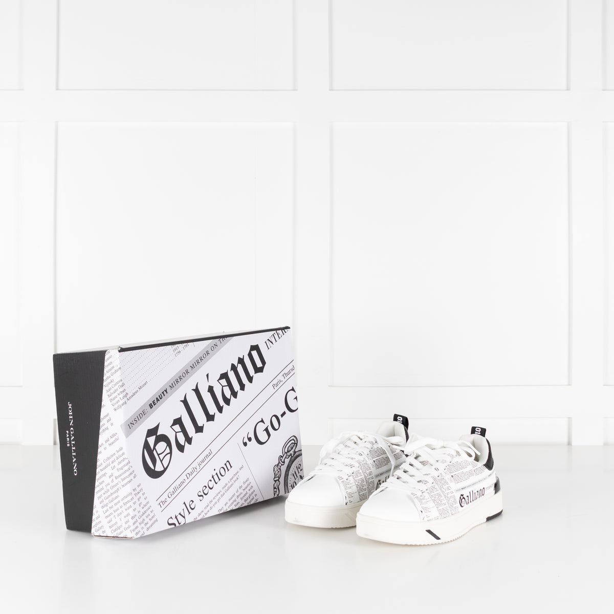 John Galliano White Black Newspaper Print Trainers