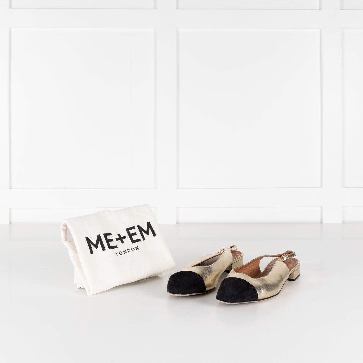 Me + Em Gold Black Flat Slingbacks