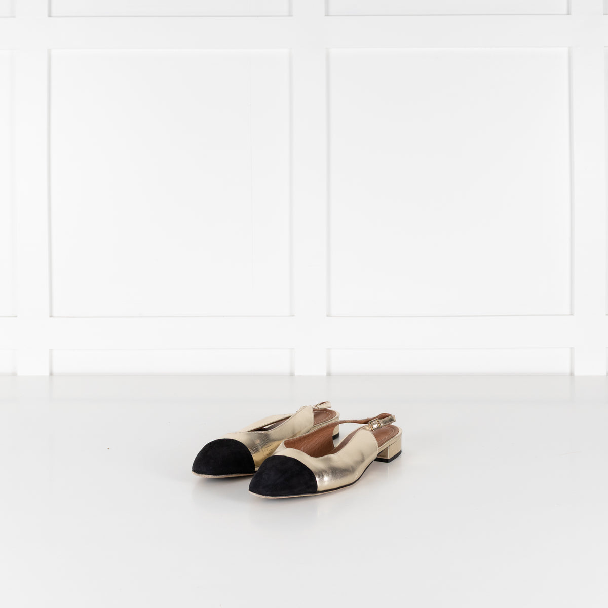 Me + Em Gold Black Flat Slingbacks