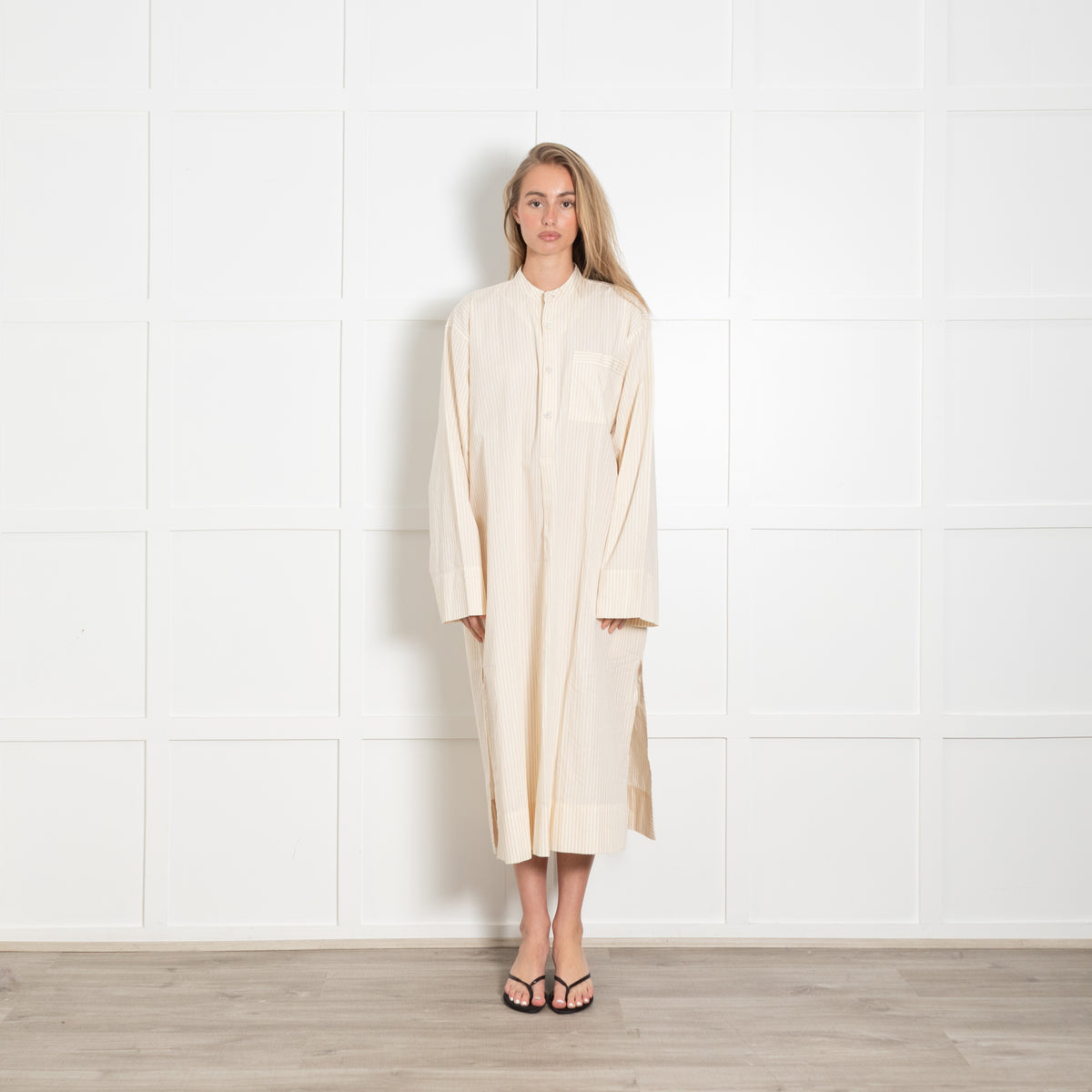 Birkenstock Cream Tan Stripe Cotton Long Kaftan Dress