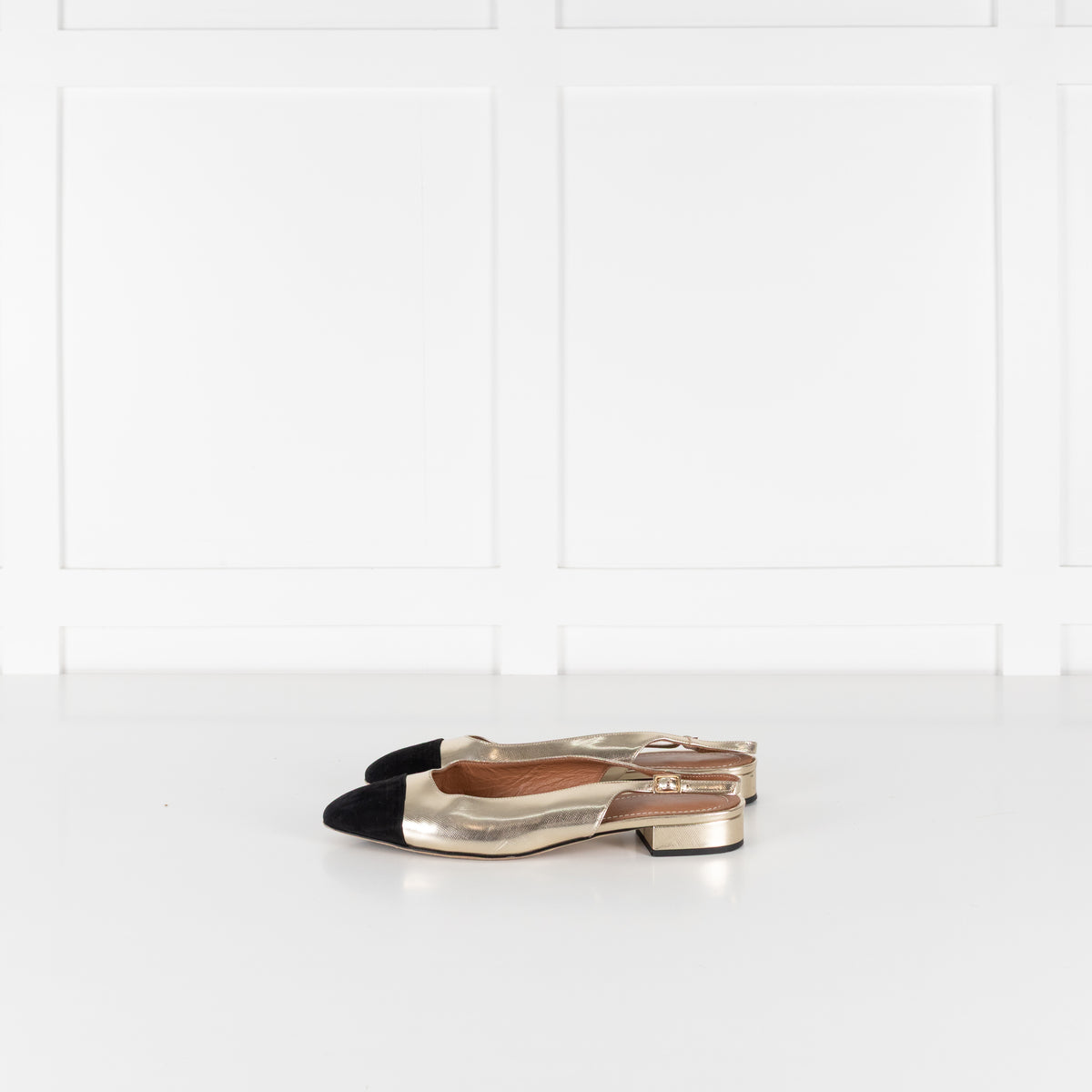 Me + Em Gold Black Flat Slingbacks