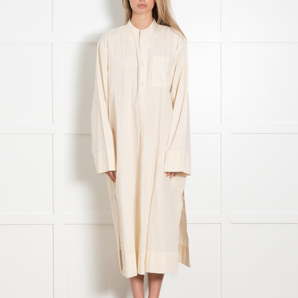 Birkenstock Cream Tan Stripe Cotton Long Kaftan Dress