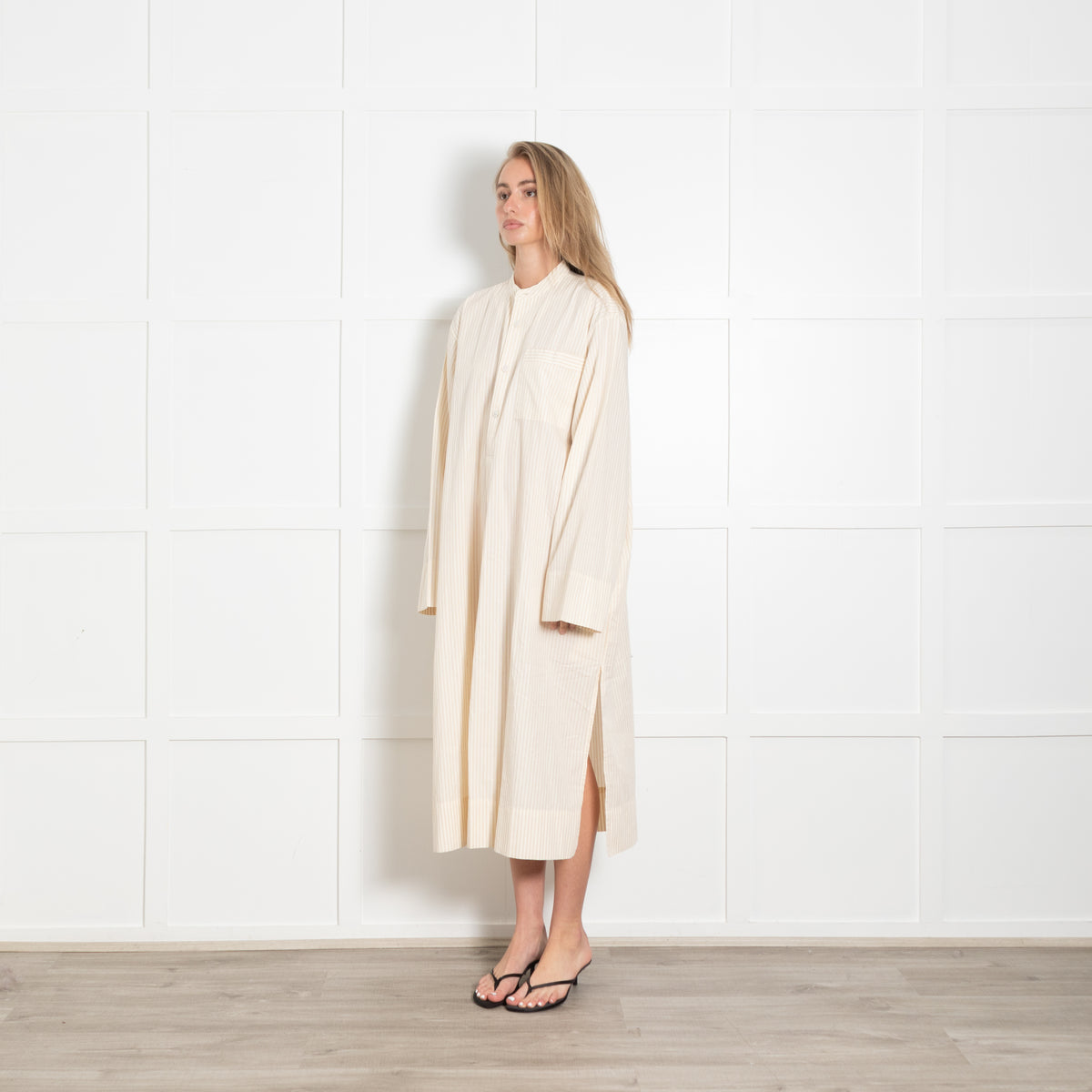 Birkenstock Cream Tan Stripe Cotton Long Kaftan Dress