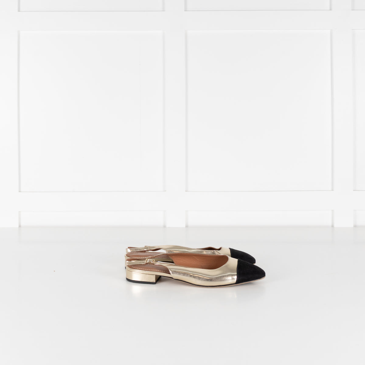 Me + Em Gold Black Flat Slingbacks