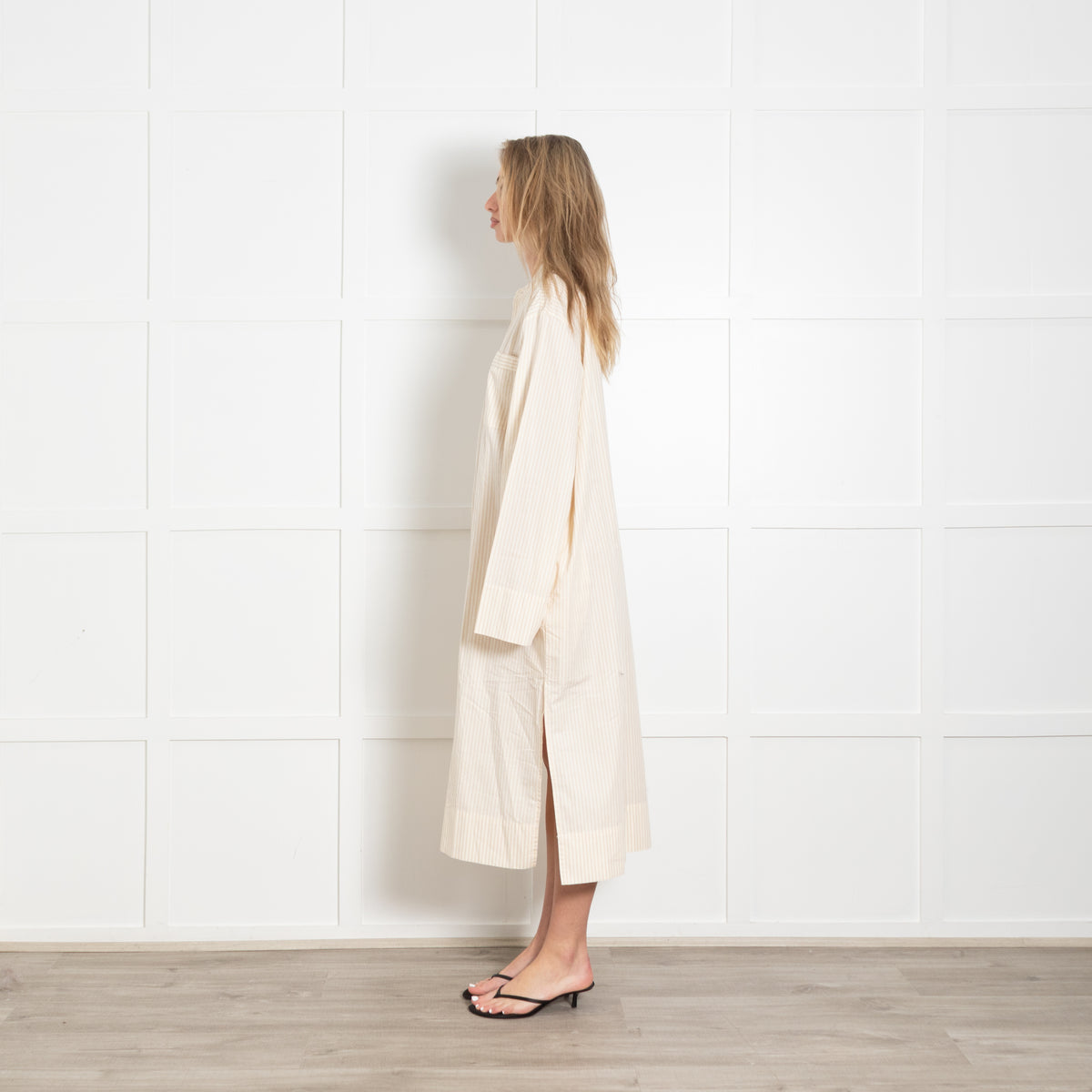 Birkenstock Cream Tan Stripe Cotton Long Kaftan Dress