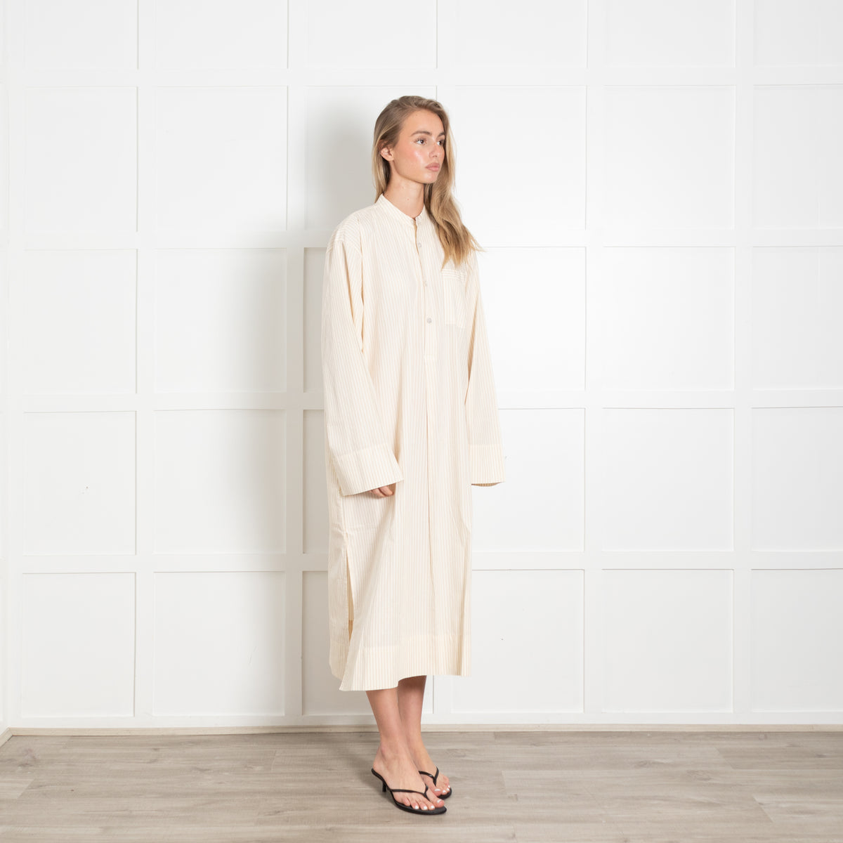 Birkenstock Cream Tan Stripe Cotton Long Kaftan Dress