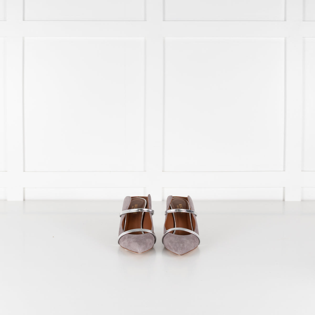 Malone Souliers Grey Suede Silver Straps Heeled Mules