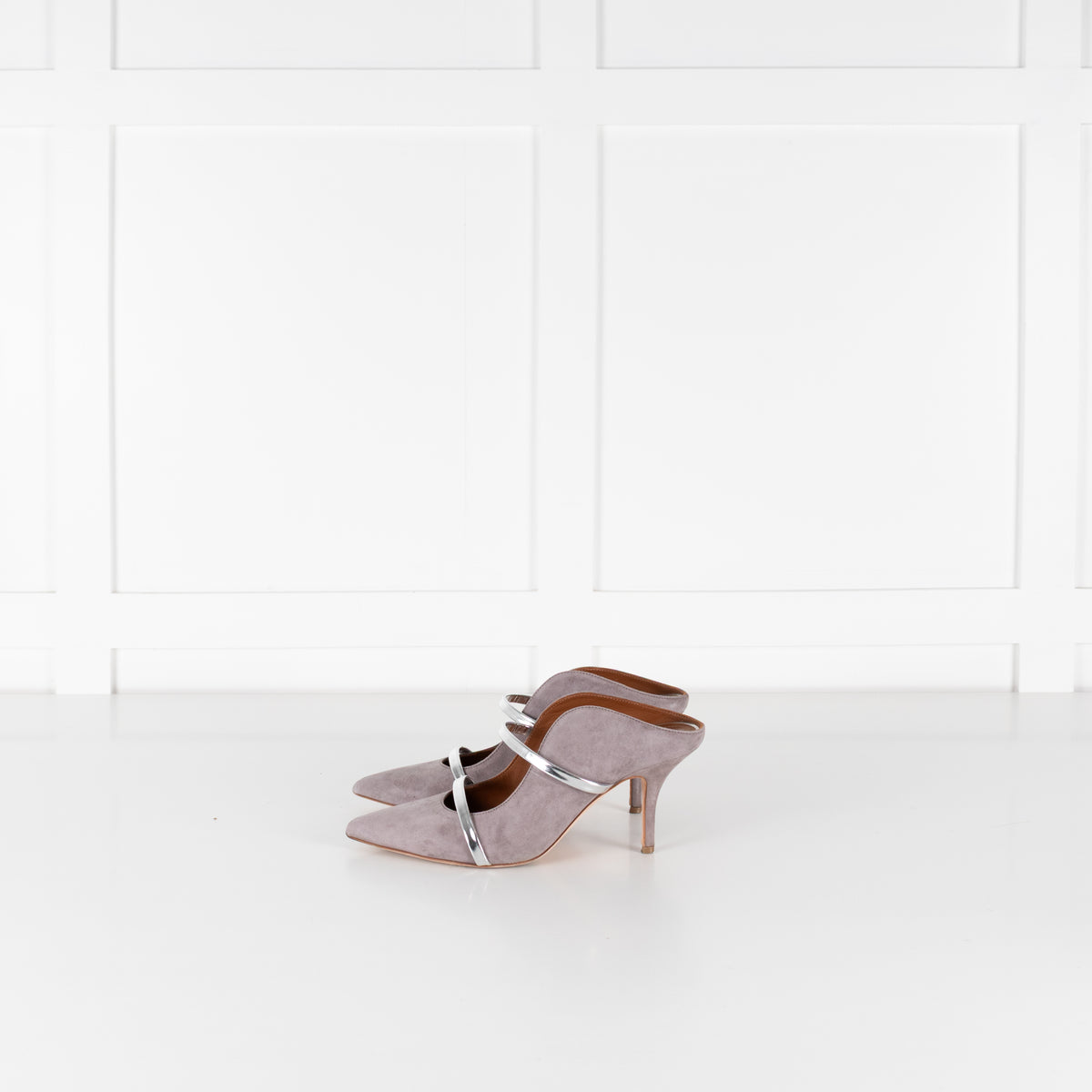Malone Souliers Grey Suede Silver Straps Heeled Mules