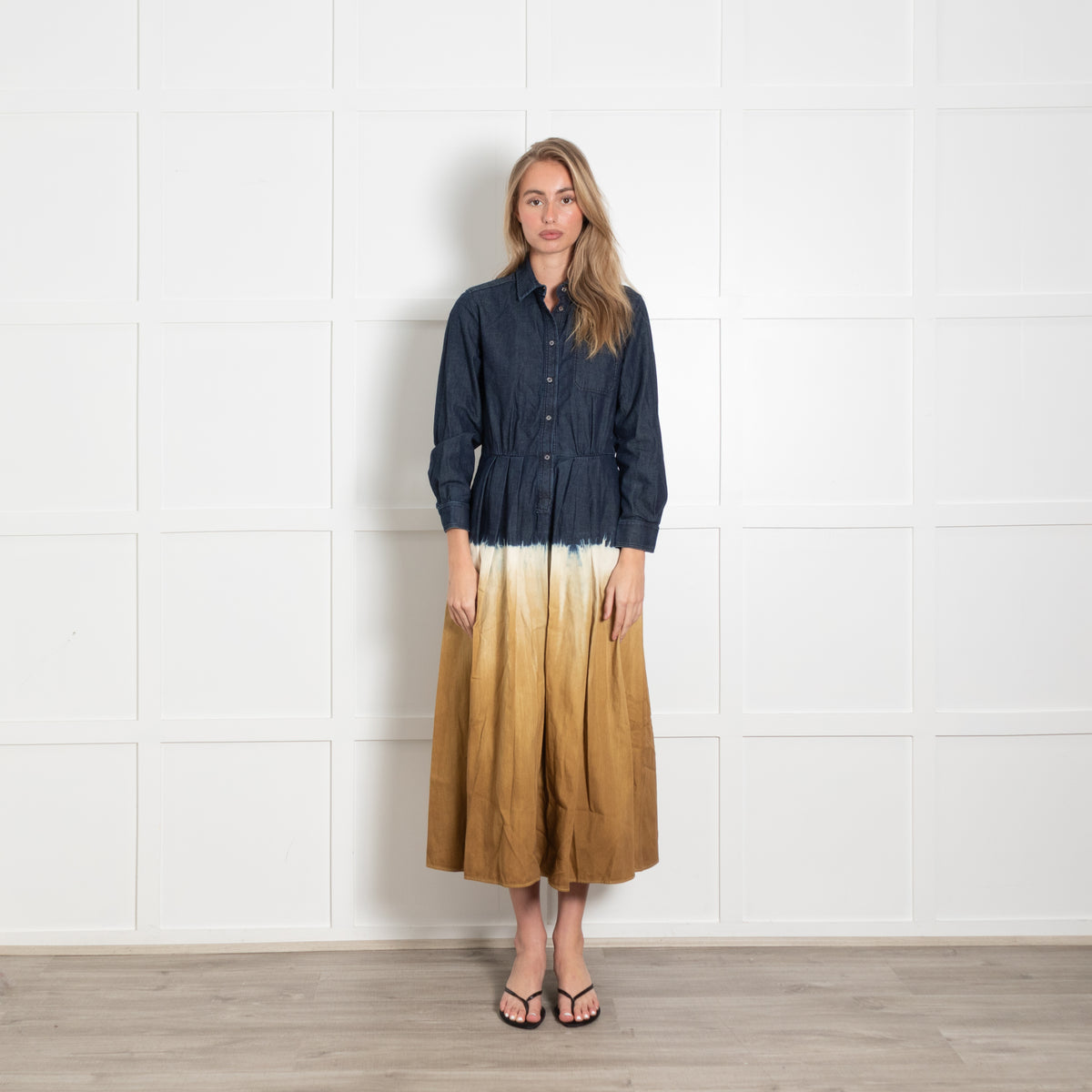 Weekend MaxMara Denim Blue Mustard Cotton Tie Dye Dress