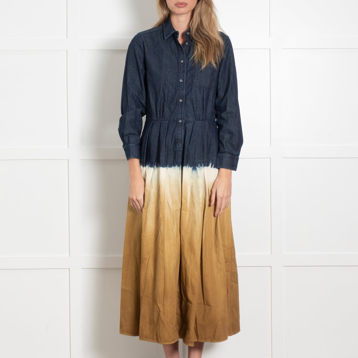 Weekend MaxMara Denim Blue Mustard Cotton Tie Dye Dress