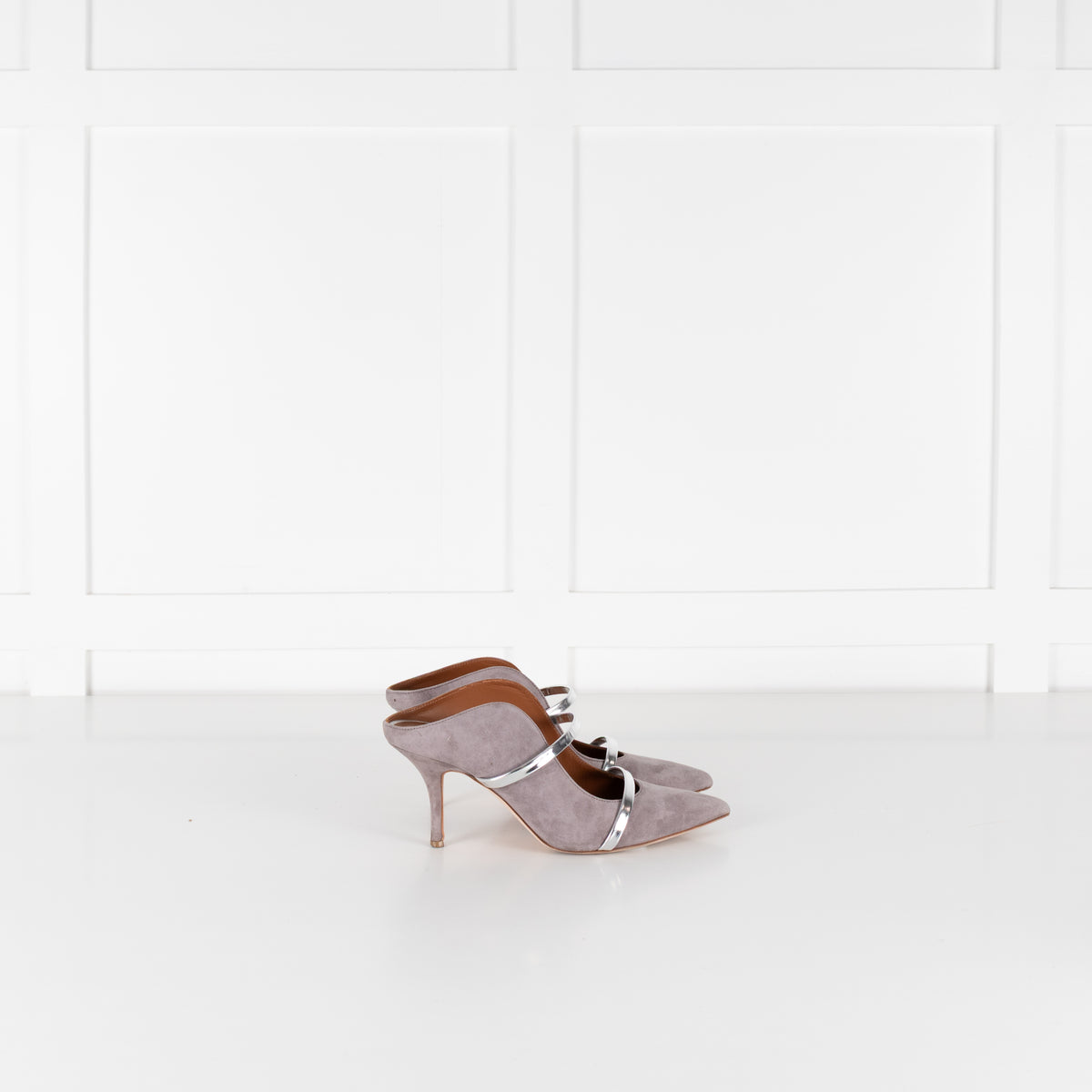 Malone Souliers Grey Suede Silver Straps Heeled Mules