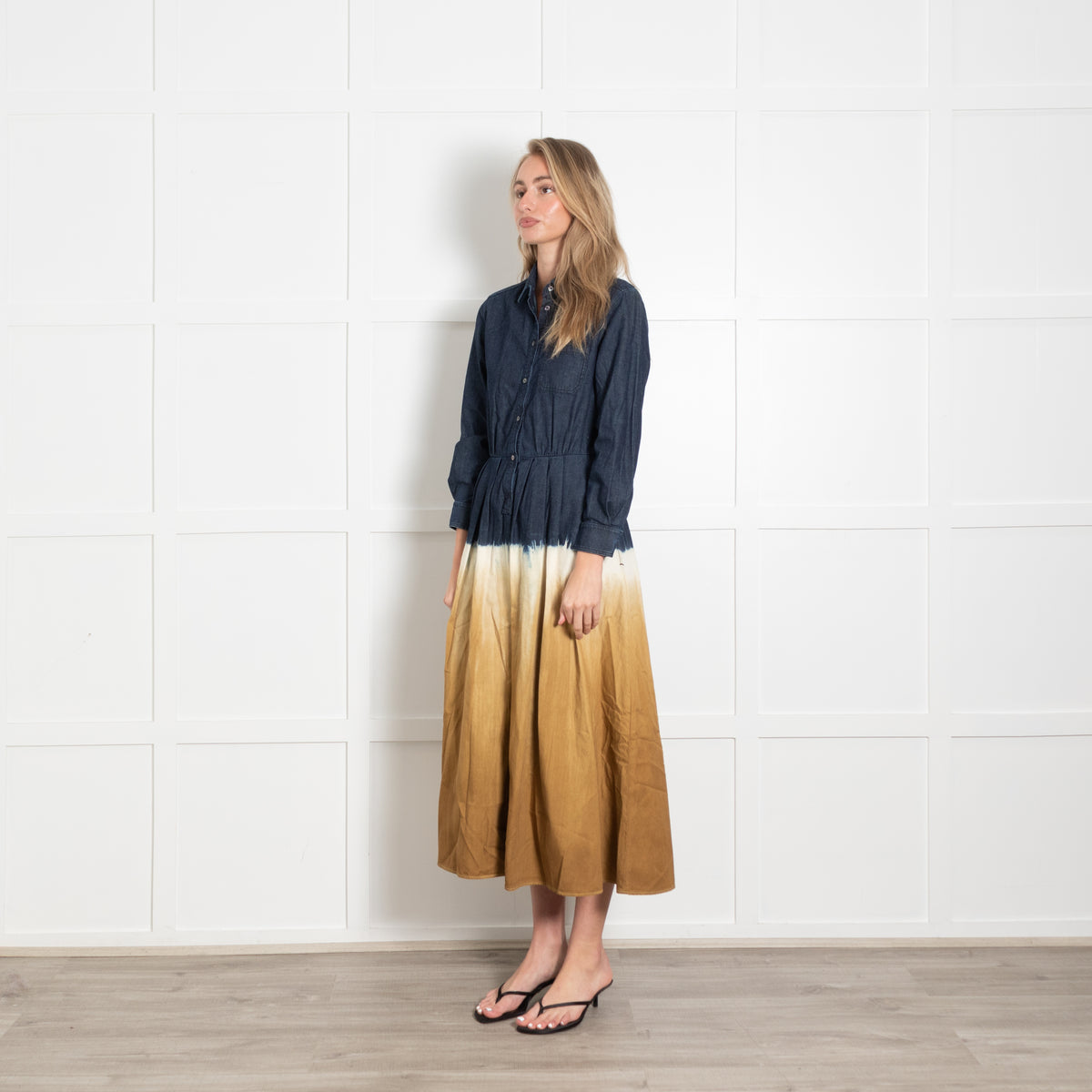 Weekend MaxMara Denim Blue Mustard Cotton Tie Dye Dress