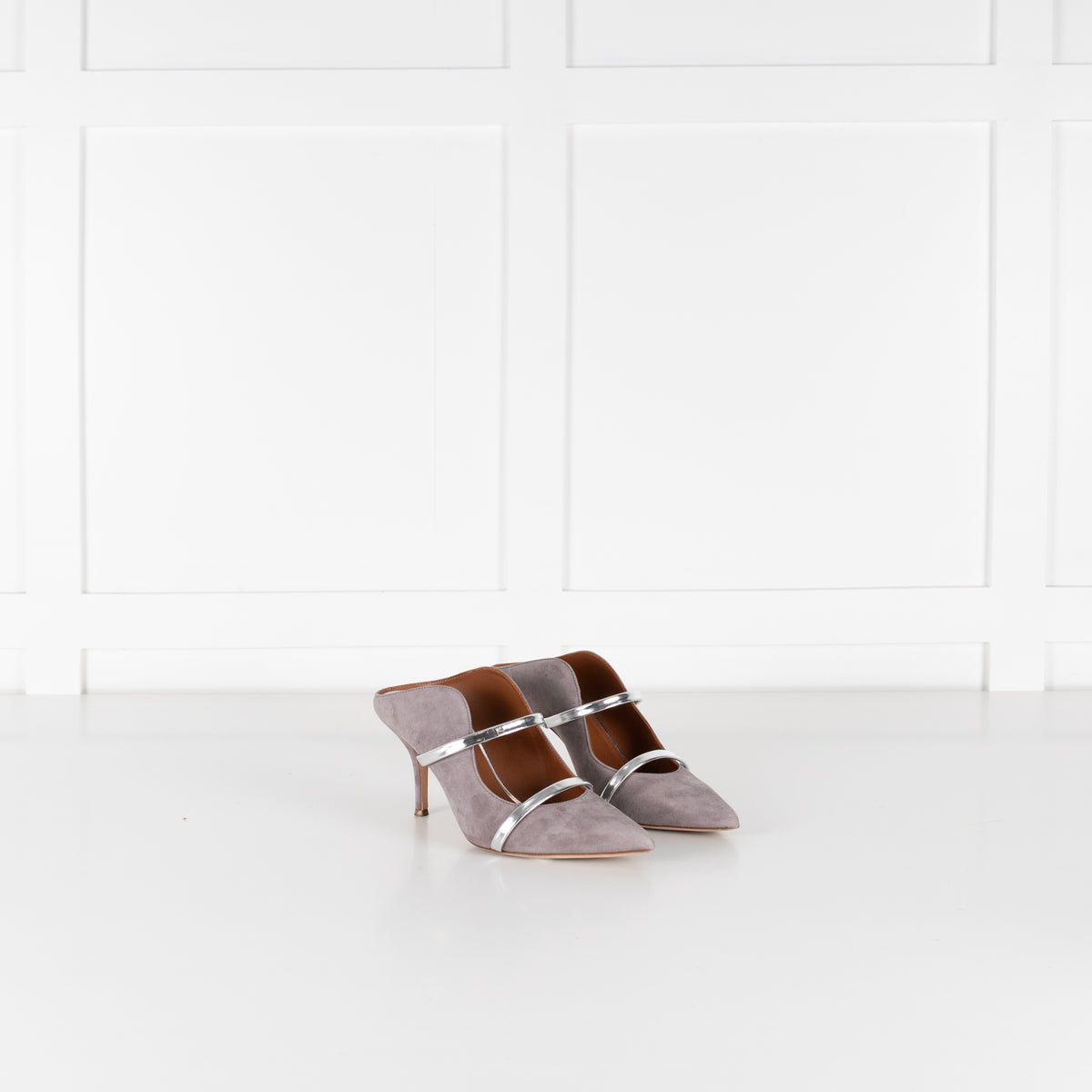Malone Souliers Grey Suede Silver Straps Heeled Mules