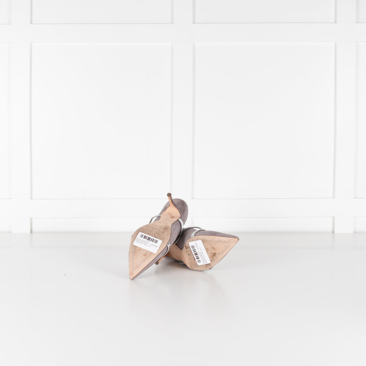 Malone Souliers Grey Suede Silver Straps Heeled Mules
