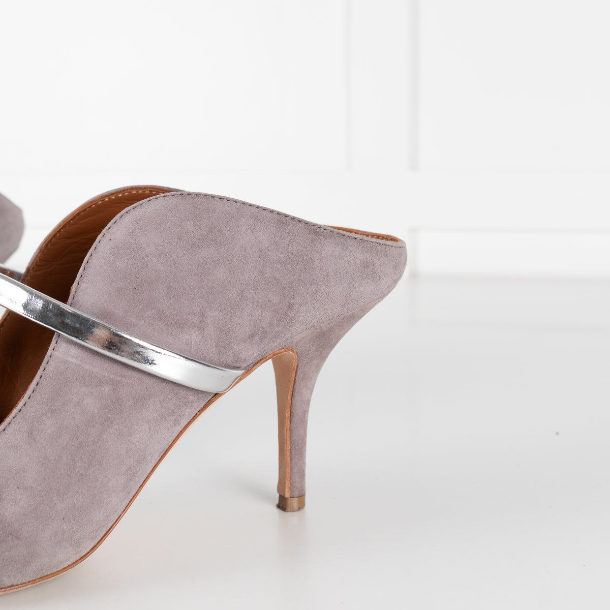 Malone Souliers Grey Suede Silver Straps Heeled Mules