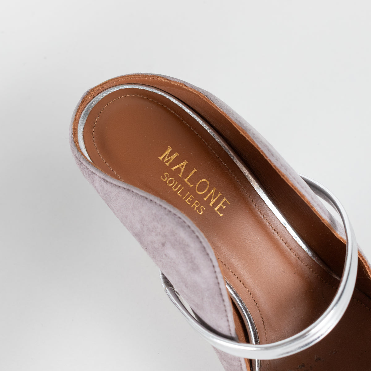 Malone Souliers Grey Suede Silver Straps Heeled Mules