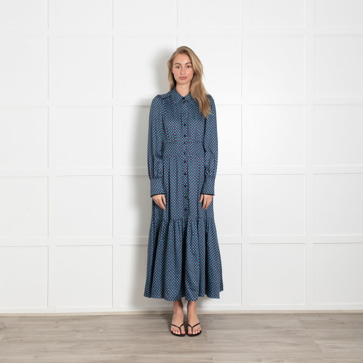 Me + Em Black Teal Dot Long Sleeve Peplum Maxi Dress