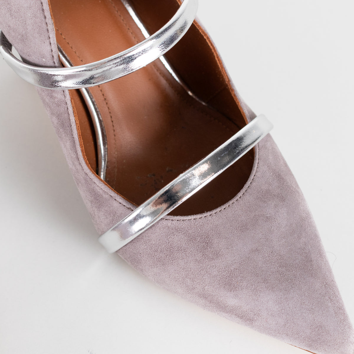 Malone Souliers Grey Suede Silver Straps Heeled Mules