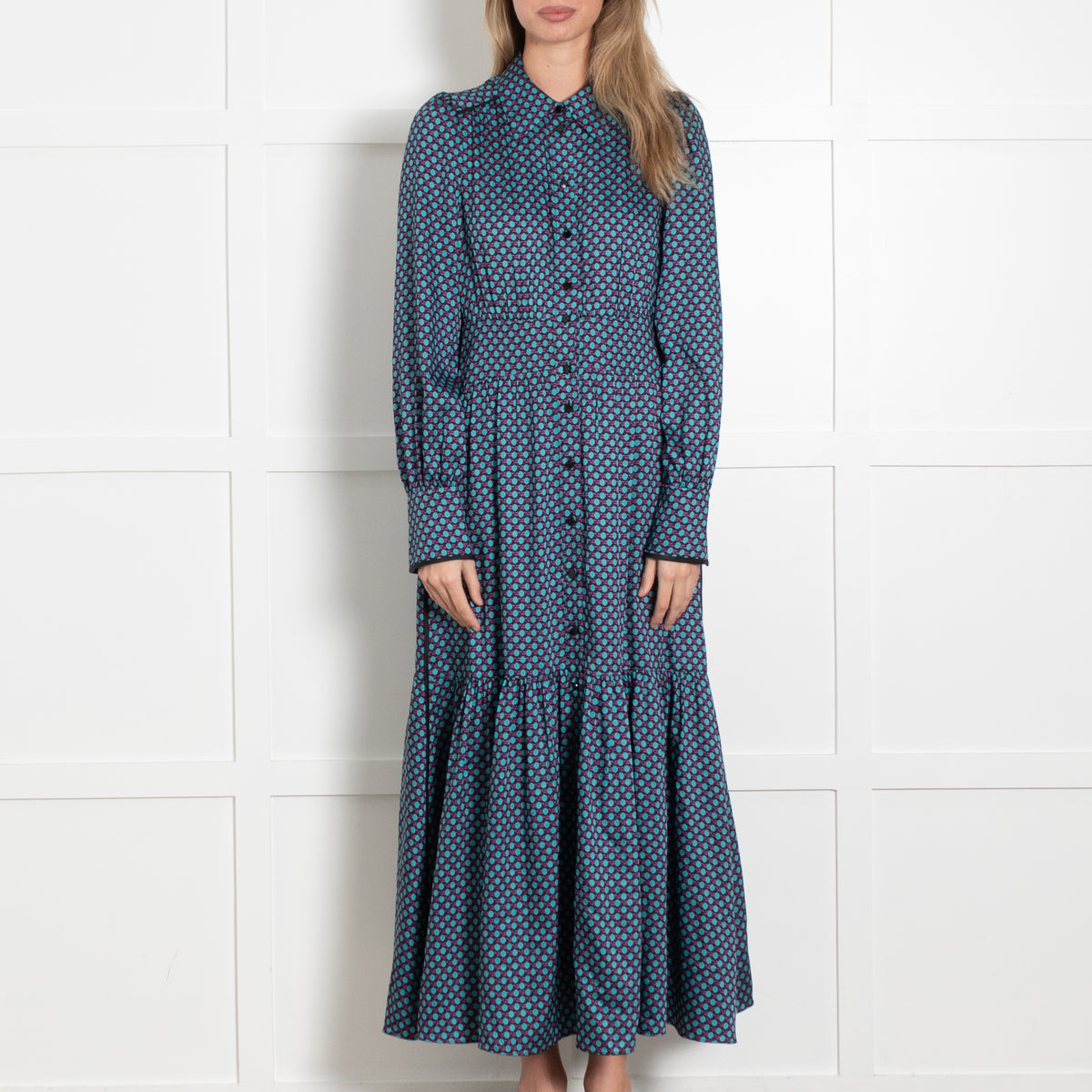 Me + Em Black Teal Dot Long Sleeve Peplum Maxi Dress