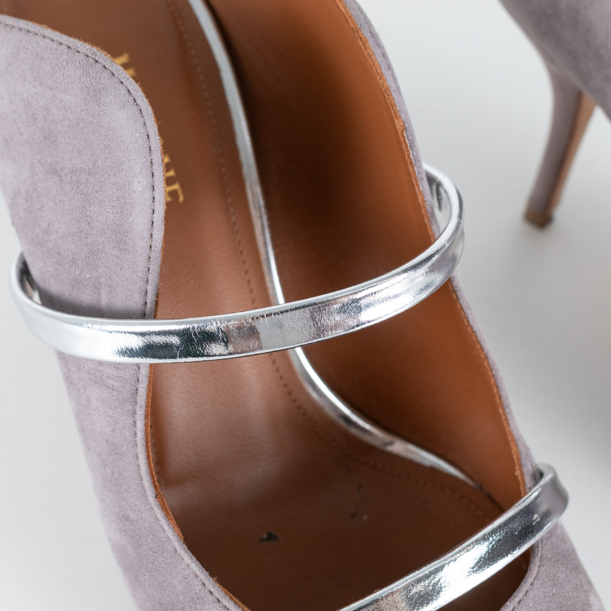Malone Souliers Grey Suede Silver Straps Heeled Mules