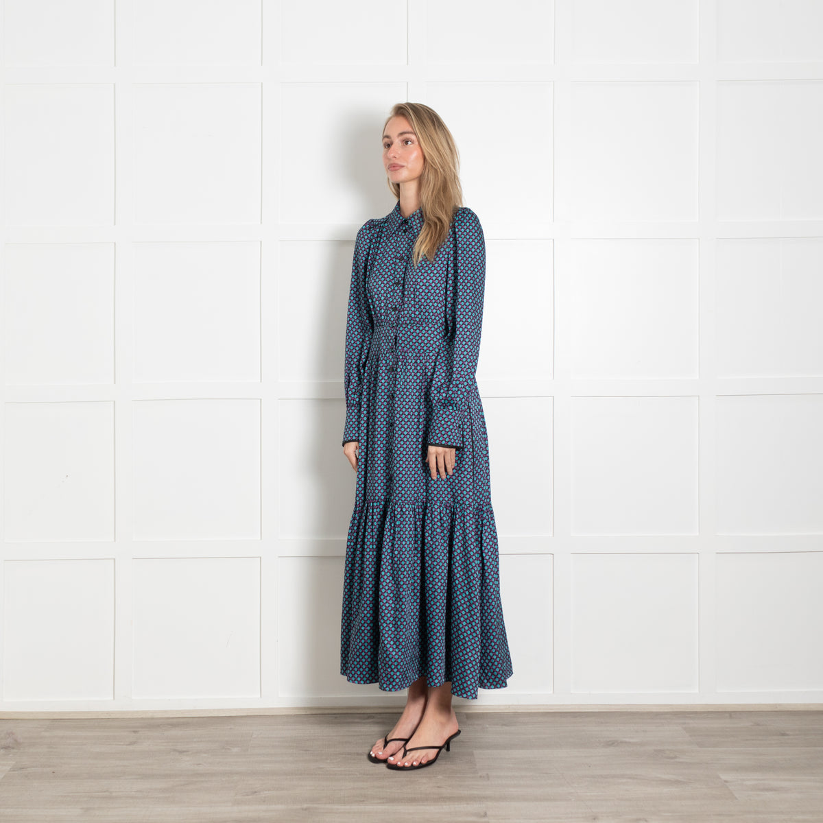 Me + Em Black Teal Dot Long Sleeve Peplum Maxi Dress