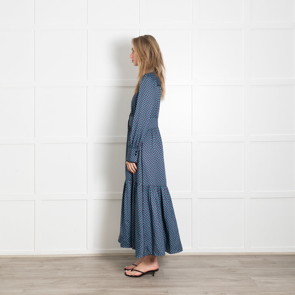 Me + Em Black Teal Dot Long Sleeve Peplum Maxi Dress