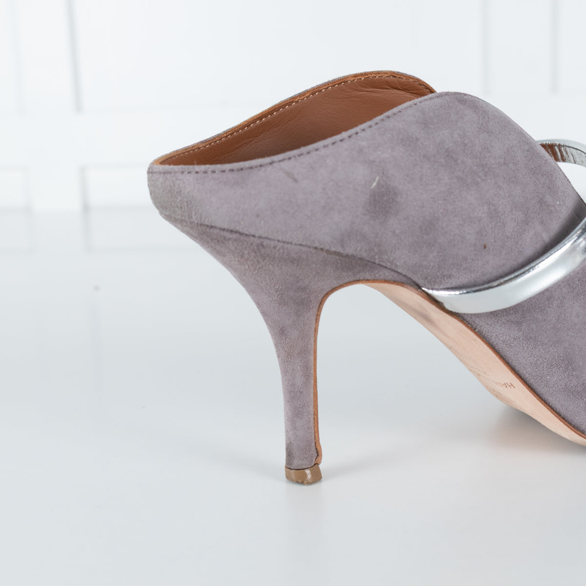 Malone Souliers Grey Suede Silver Straps Heeled Mules