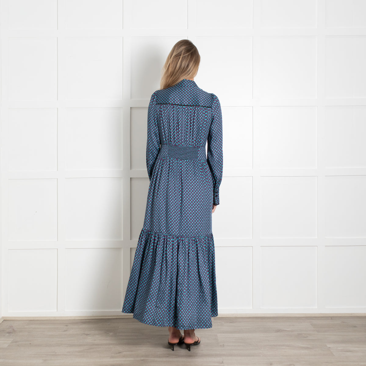 Me + Em Black Teal Dot Long Sleeve Peplum Maxi Dress