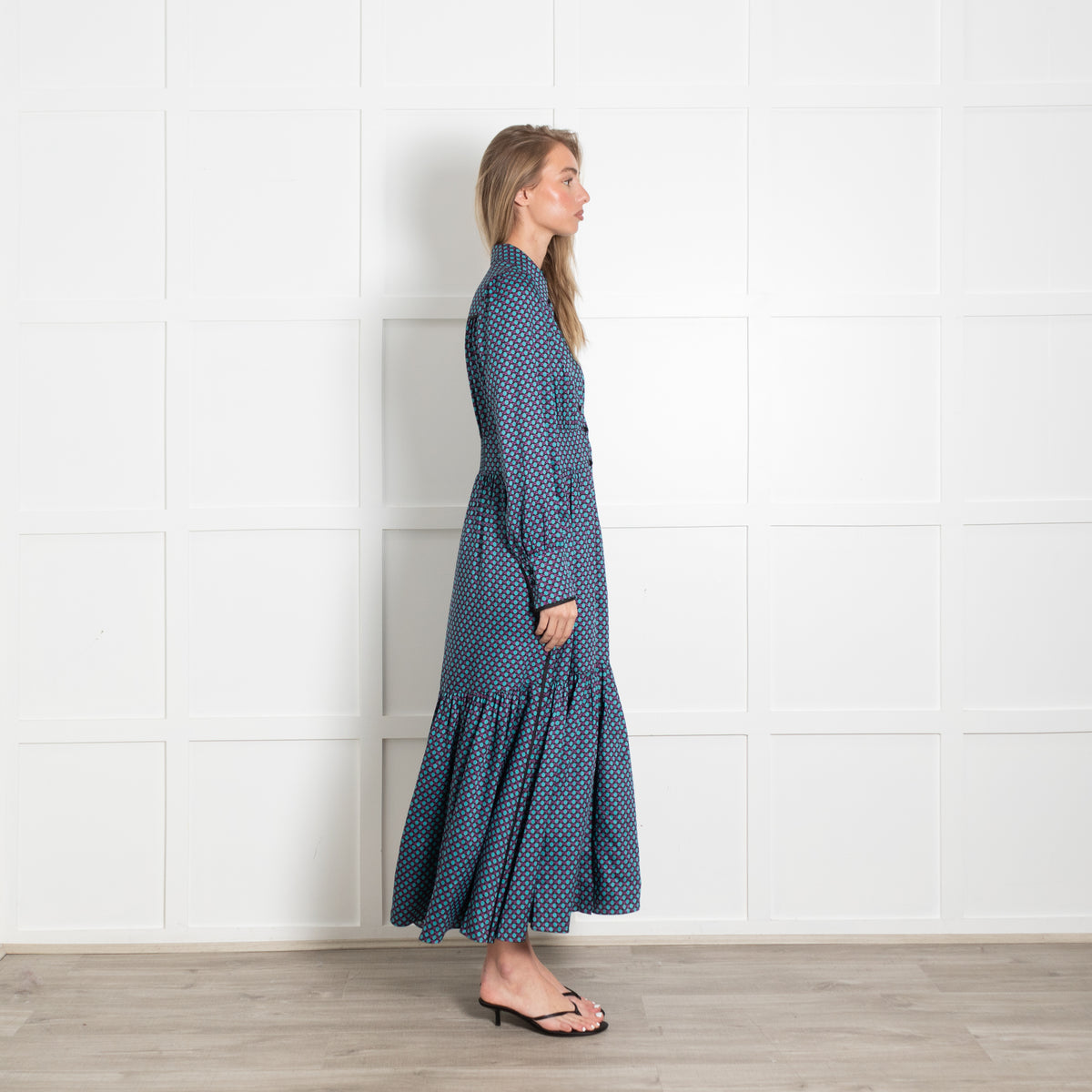 Me + Em Black Teal Dot Long Sleeve Peplum Maxi Dress