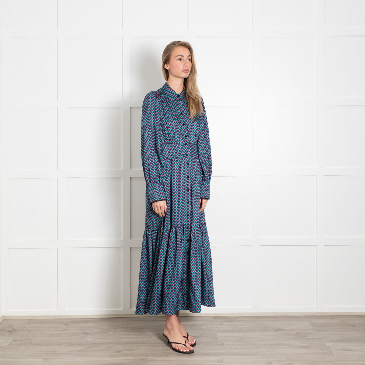 Me + Em Black Teal Dot Long Sleeve Peplum Maxi Dress