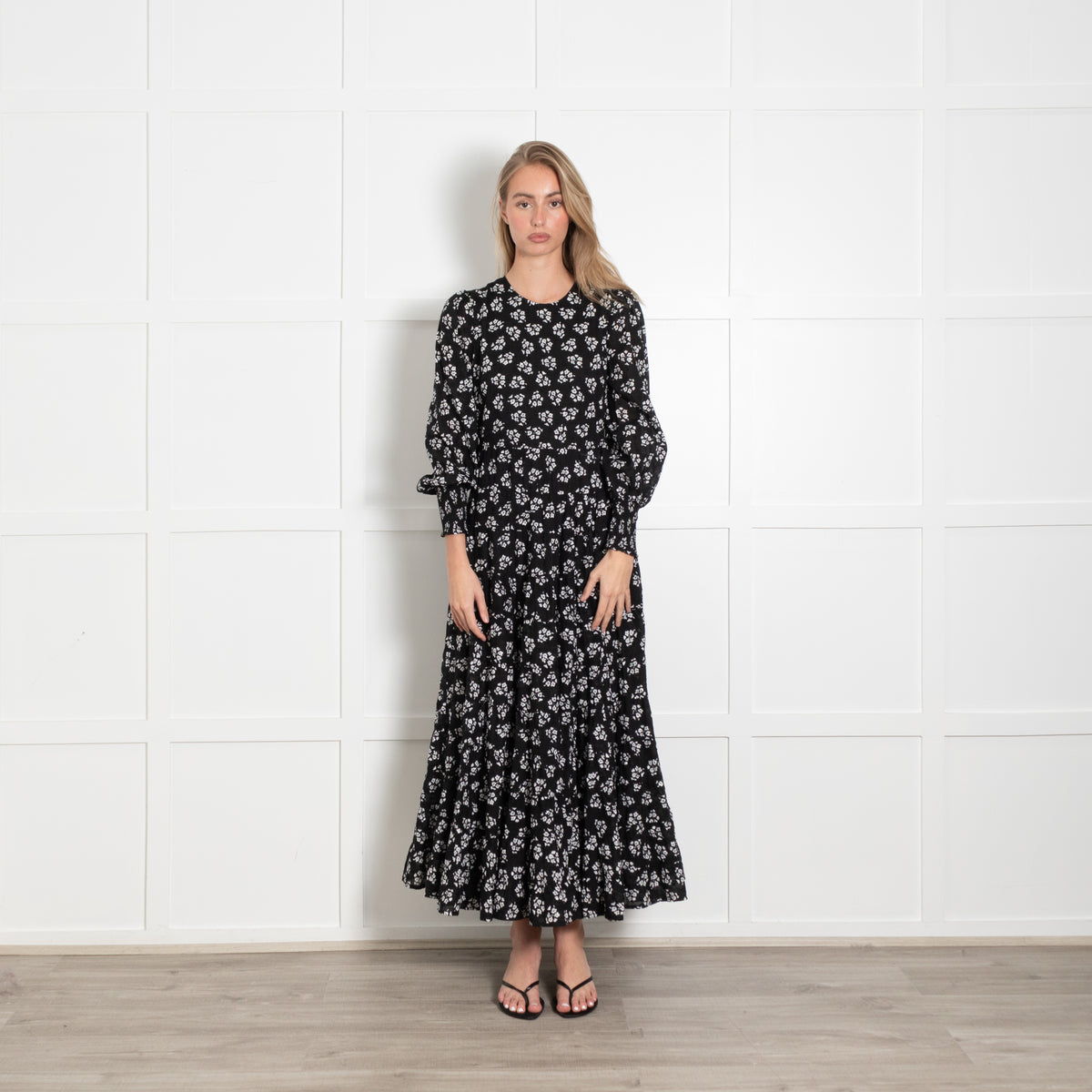 Rixo Black White Floral Cotton Tiered Maxi Dress