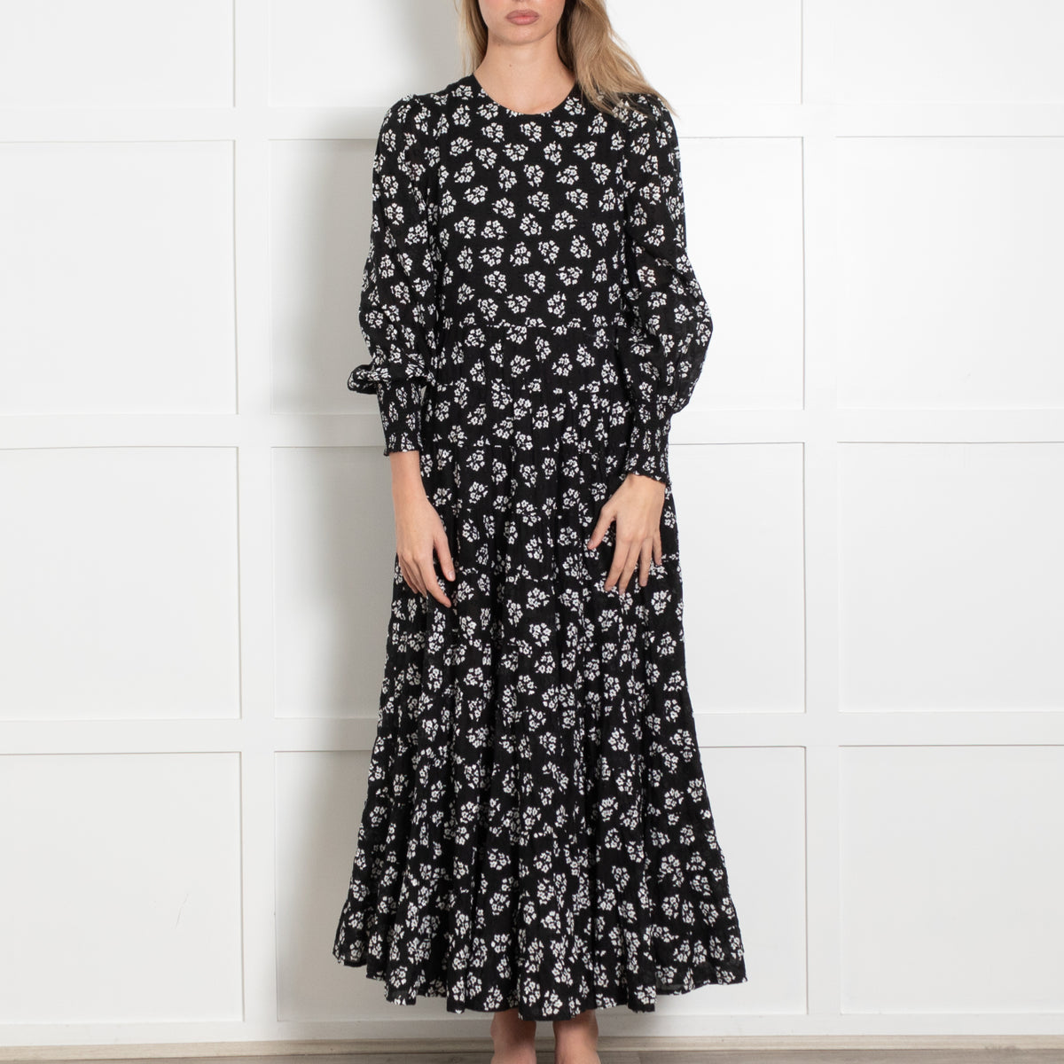 Rixo Black White Floral Cotton Tiered Maxi Dress
