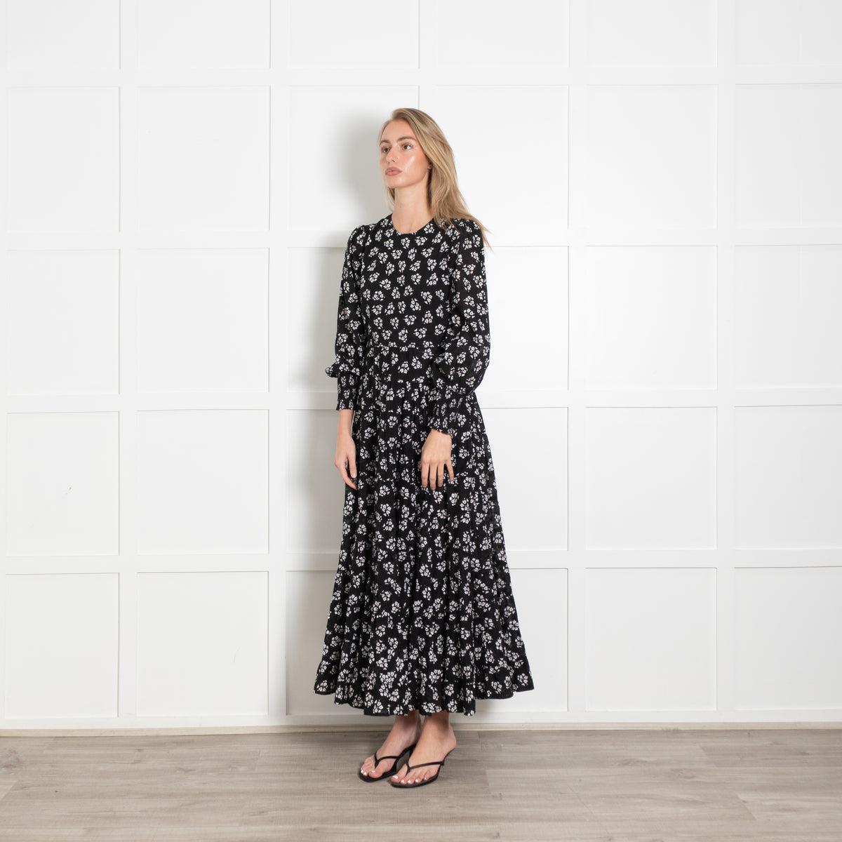 Rixo Black White Floral Cotton Tiered Maxi Dress