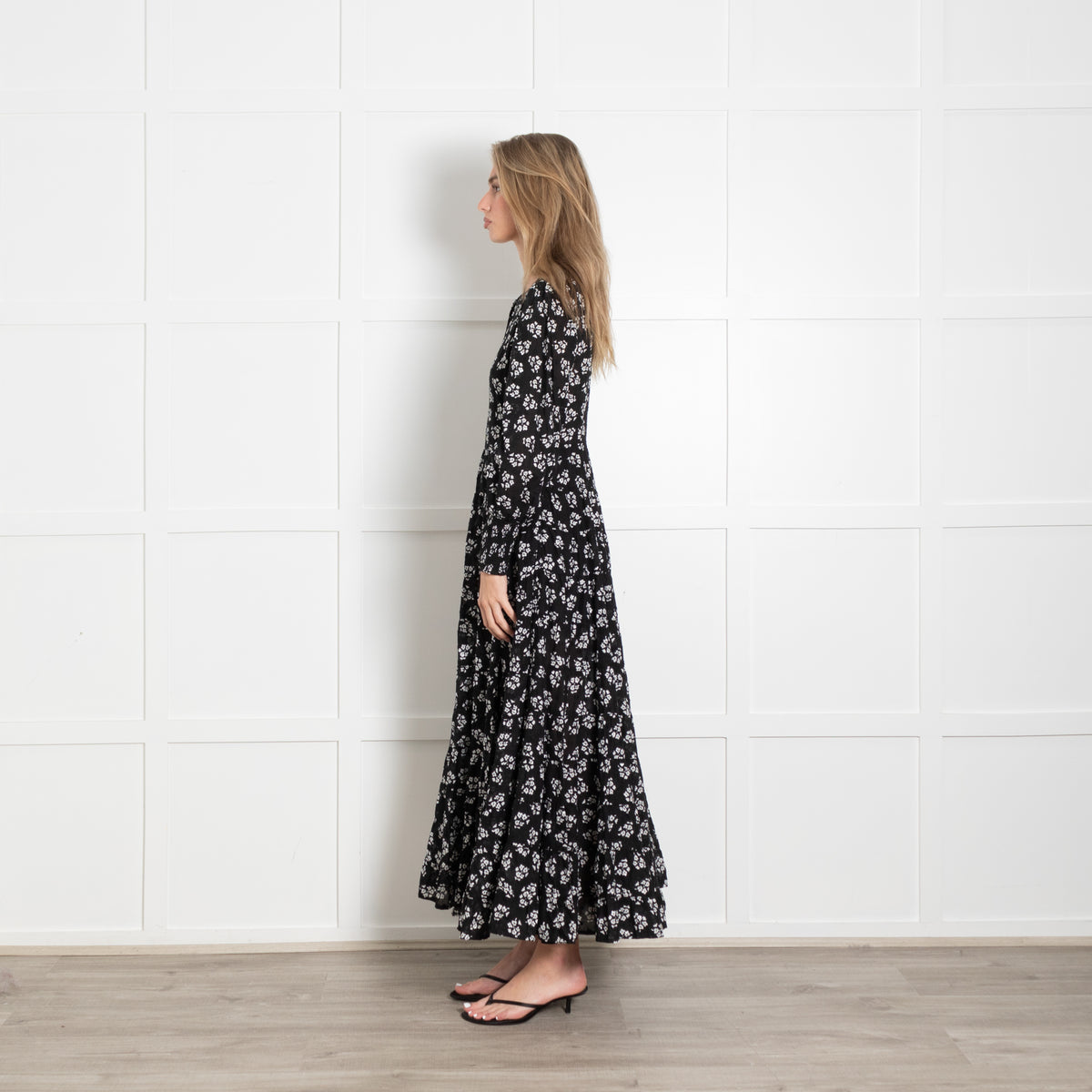 Rixo Black White Floral Cotton Tiered Maxi Dress