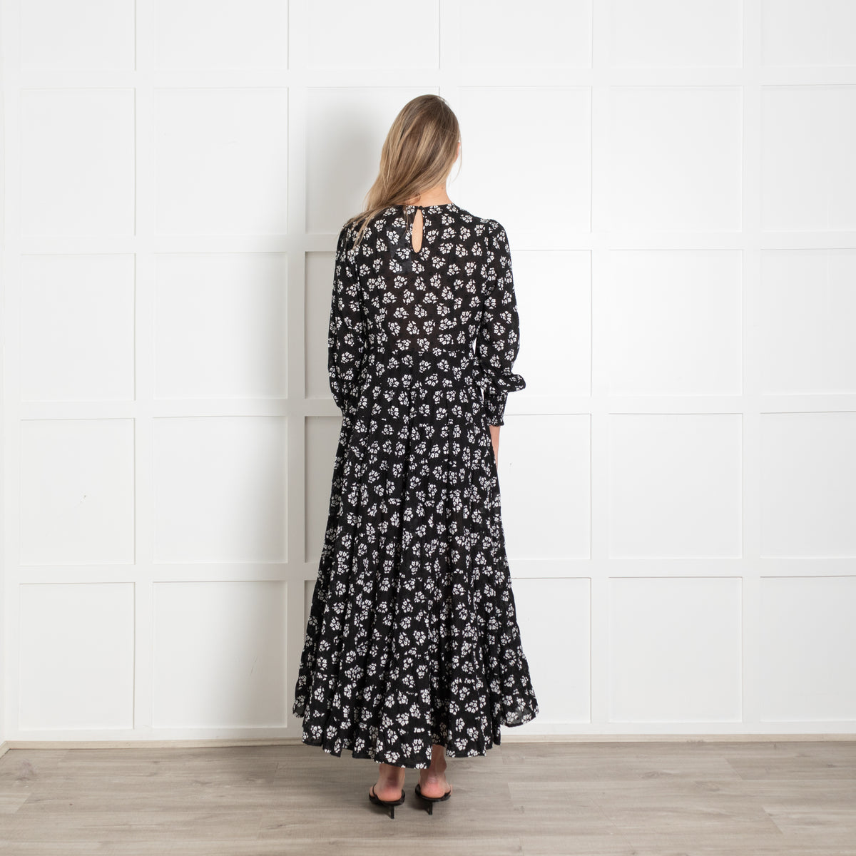 Rixo Black White Floral Cotton Tiered Maxi Dress