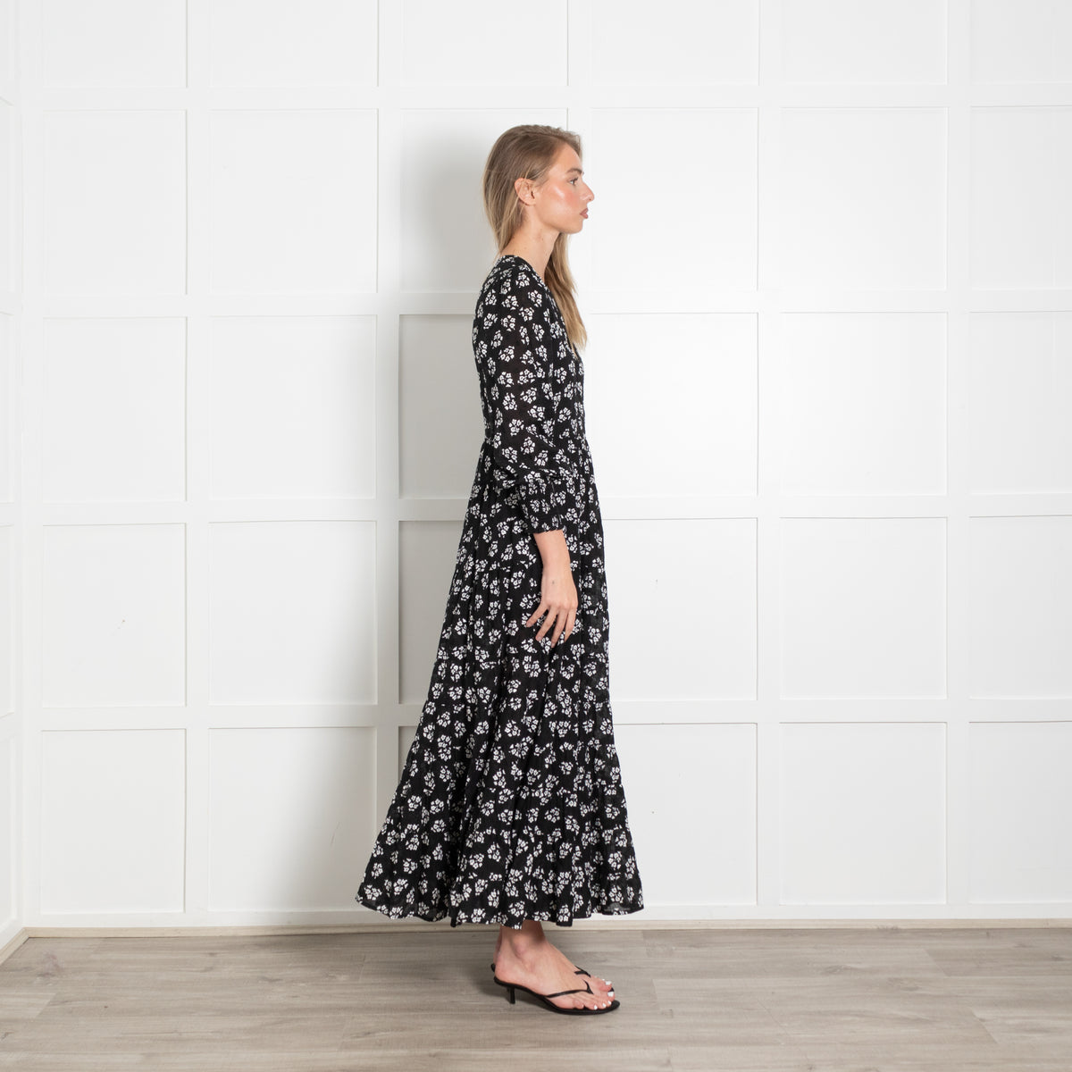 Rixo Black White Floral Cotton Tiered Maxi Dress