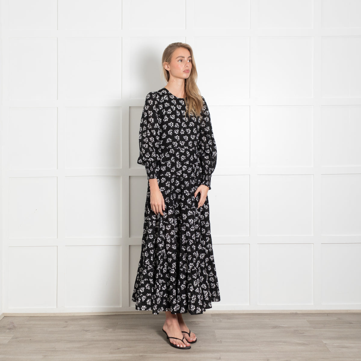Rixo Black White Floral Cotton Tiered Maxi Dress