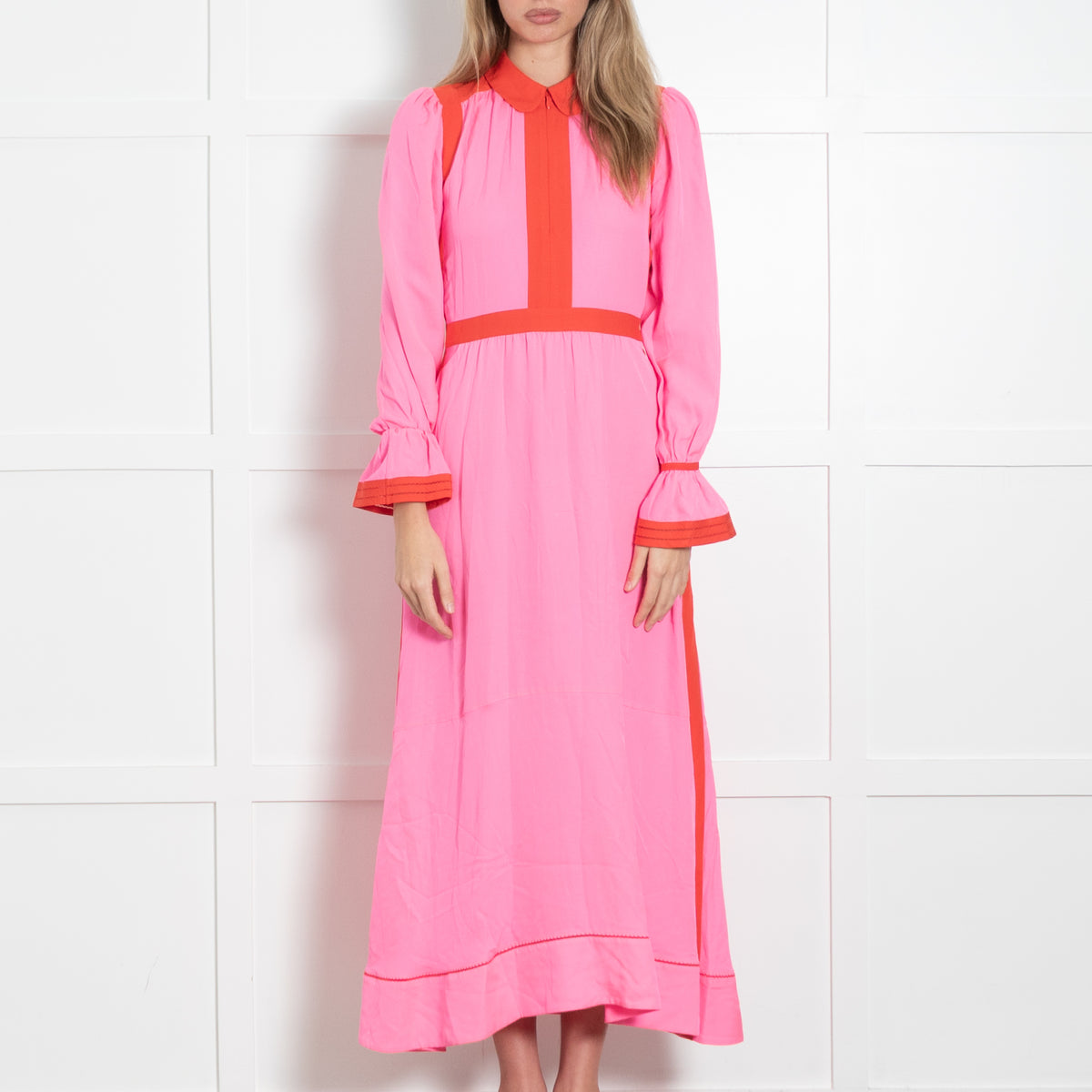 Me + Em Neon Pink Orange Trim Long Sleeve Maxi Dress
