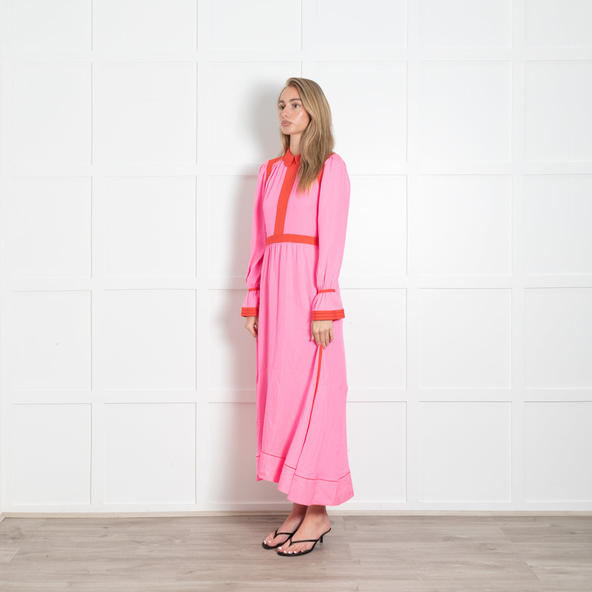 Me + Em Neon Pink Orange Trim Long Sleeve Maxi Dress