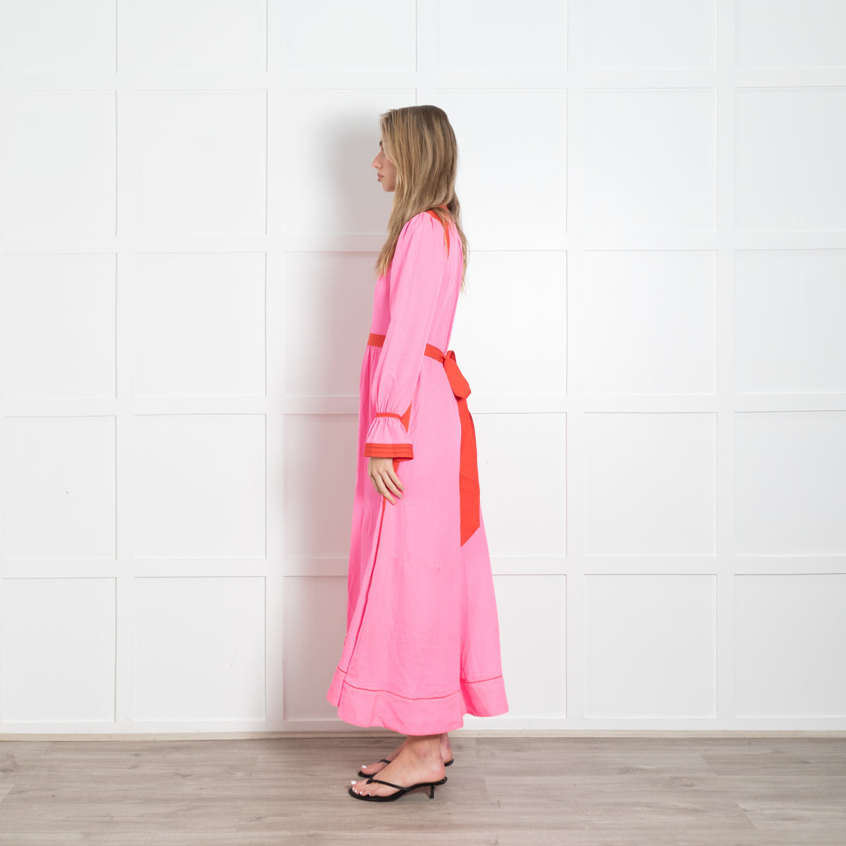 Me + Em Neon Pink Orange Trim Long Sleeve Maxi Dress